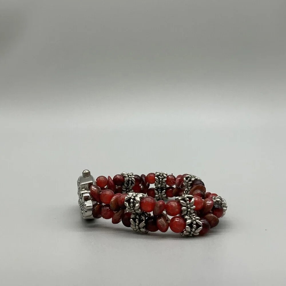 Vivani Womens Watch 18mm Silver Tone Red Beaded Stretch Band New Battery